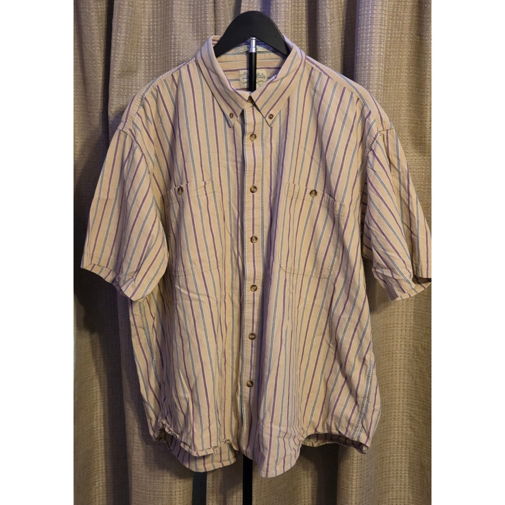 Cabela's‎ Short Sleeve Striped Chambray Button Down Shirt Mens Size 2XL Tan